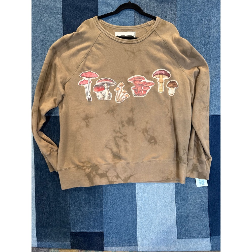 CRTV LTRCY Upcycled Mushroom Patchwork Sweatshirt Tan XXL Boho Cottagecore